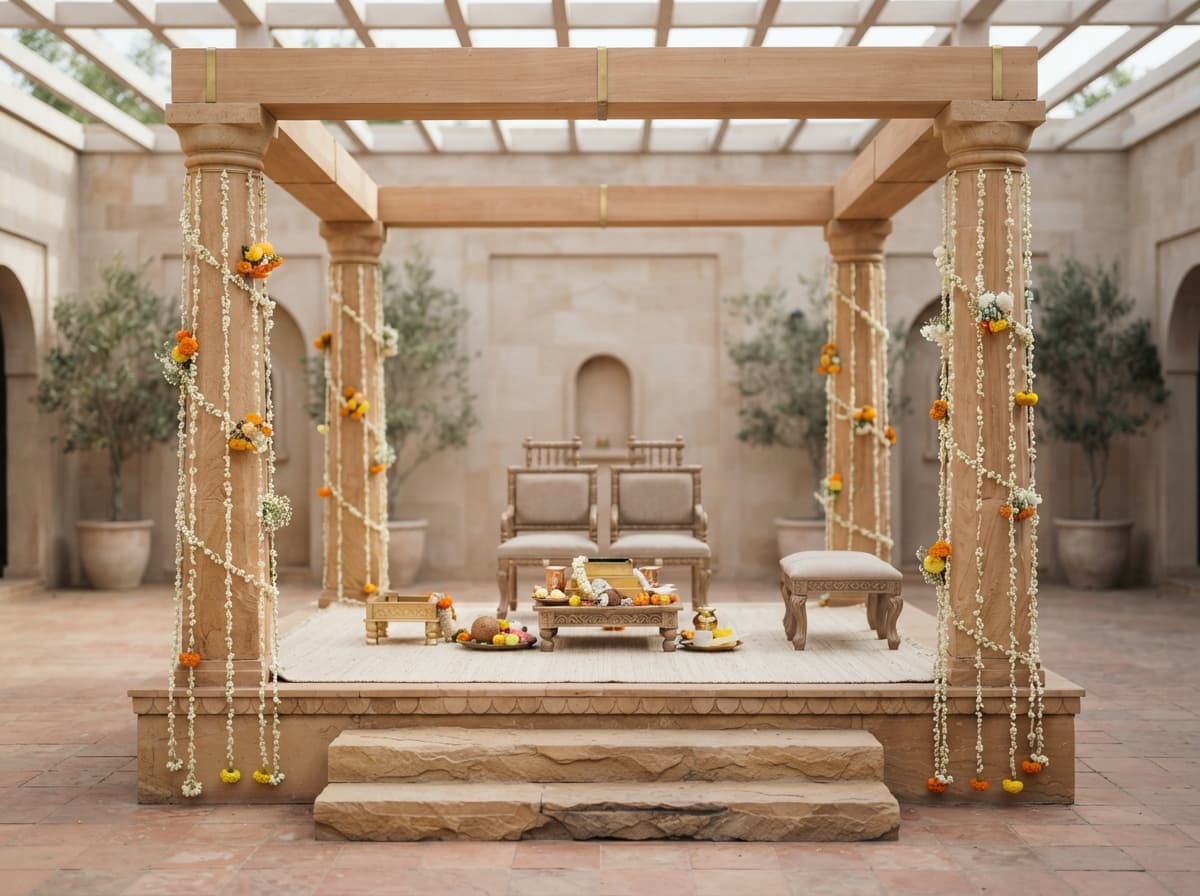 A warm stone mandap decorated with jasmine and marigold garlands